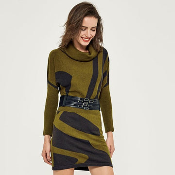 Smart Knitted Bat Wing Sleeve Turtleneck Bodycon Dress