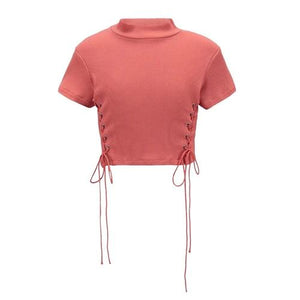 Fashion Lace Up Cotton Crop Short Sleeve Street Wear Top Verkadi.com