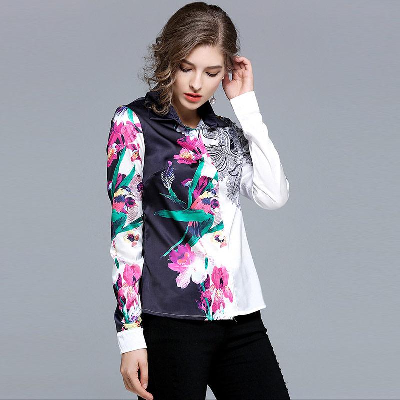 Elegant Floral Print Silk Patchwork Top Shirt Blouse Verkadi.com