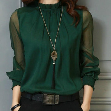 Long Sleeve Chiffon Solid Sexy Mesh Top Blouse Verkadi.com