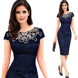 Formal Office Pencil Skirt Lace Neck Dress
