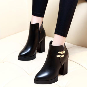 Pointed Toe High Chunky Heeled Retro Buckle Boots Verkadi.com