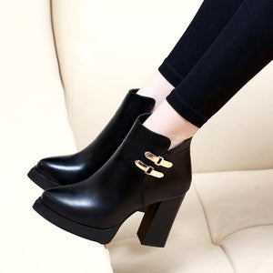 Pointed Toe High Chunky Heeled Retro Buckle Boots Verkadi.com