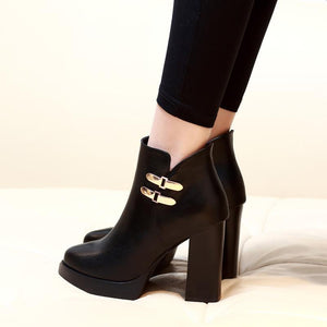 Pointed Toe High Chunky Heeled Retro Buckle Boots Verkadi.com