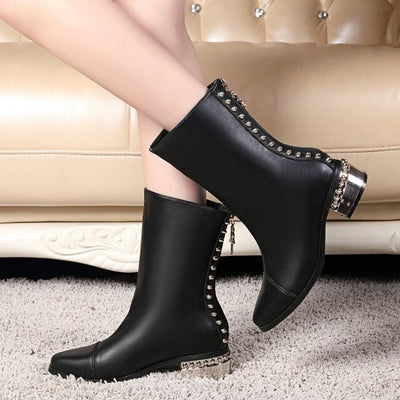Retro Solid Color Rivets Round Toe Flat Zip Long Boots