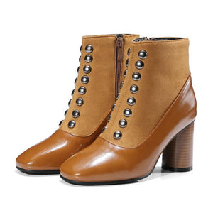 Squared Toe Thick High Heels Studded Ankle Riveted Boots Verkadi.com