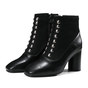Squared Toe Thick High Heels Studded Ankle Riveted Boots Verkadi.com