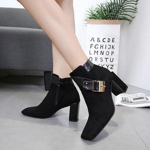 Hot Suede Leather Square Toe Chunky High Heel Ankle Boots verkadi.com