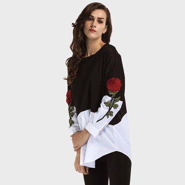 Fashion Color Block Embroidery Long Sleeve Casual Blouse Top Verkadi.com