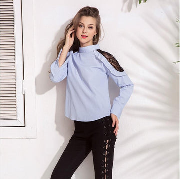 New Striped Lace Patchwork Stand Collar Top Blouse Verkadi.com