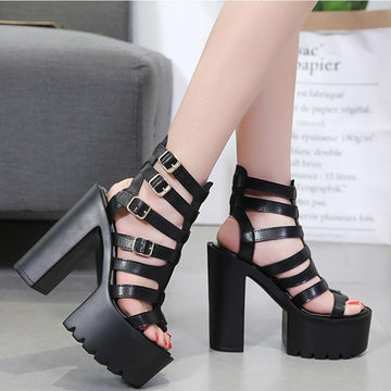 Gladiator Chunky High Heels Buckle Platform Sandals Shoes Verkadi.com