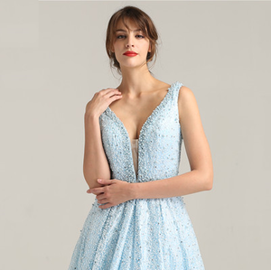 Elegant Deep V-neck Blue Backless Pearl Evening Party Dress Verkadi.com