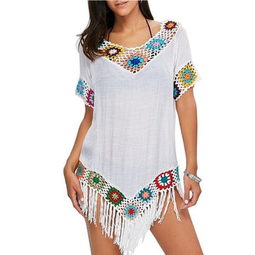 Sexy Crochet Cotton Knitted Tassel Beach  Beach Cover Up Dress