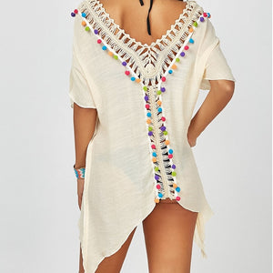 Cool Crochet Tassel Solid Robe Backless Beach Cover Up Dress