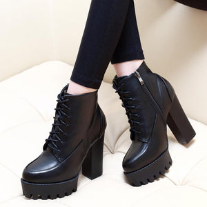 Ankle Solid Lace-up Chunky Heel Boots