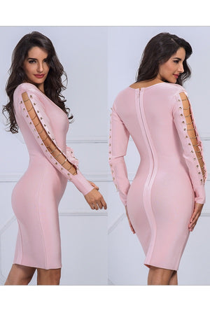 Cool Pink V Neck Long Sleeve Hollow Out Evening Mini Dress