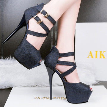 Wild High Heels Ankle Buckle Strap Peep Toe Pumps