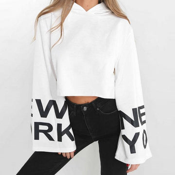 Street Style Crop Long Flare Sleeve Hoodies Sweatshirt Verkadi.com