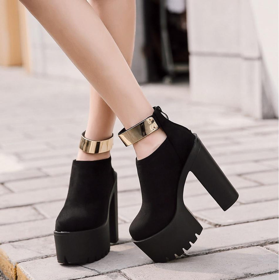 Fashion Bling Chunky Ankle Heel Platform Flock Boots Shoes Verkadi.com