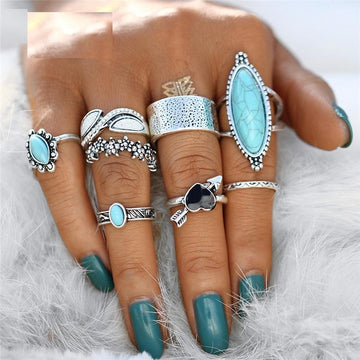 Vintage Big Stone Midi Antique Silver Knuckle Ring Set