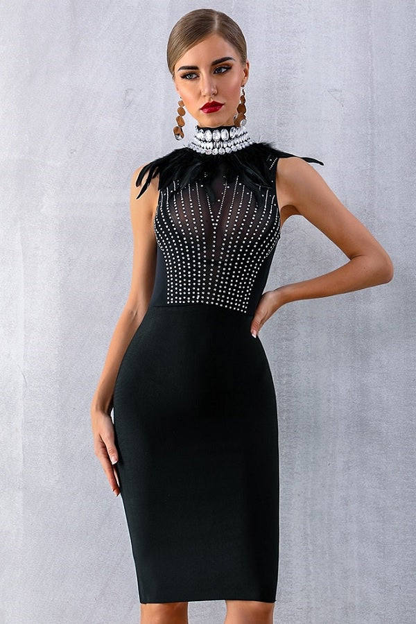 Sexy Sleeveless Black Feather Beaded Club Party Midi Dress