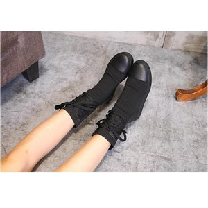 Streetwear Genuine Leather Knitted Wool Mid Calf Boots