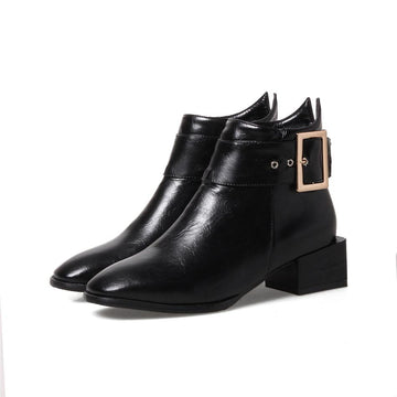 Buckle Strap Pointed Toe Chunky Heel Ankle Boots