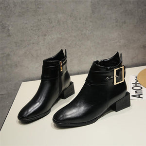 Buckle Strap Pointed Toe Chunky Heel Ankle Boots