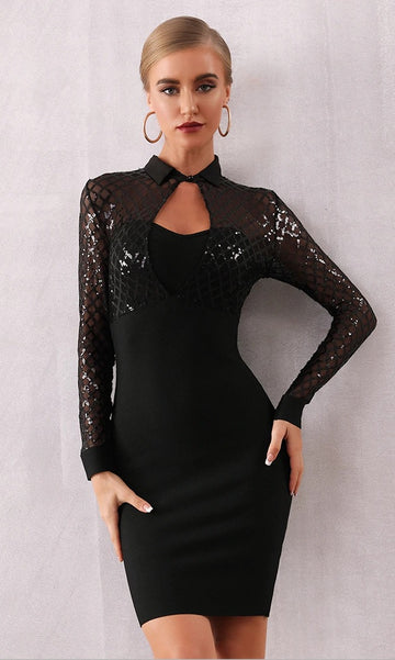 Long Sleeve Bodycon Bandage Sequin Lace Club Party Mini Dress