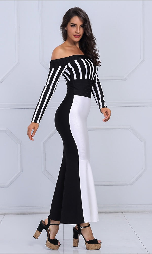 Sexy Long Sleeve Striped Slash Neck Evening Party Dress