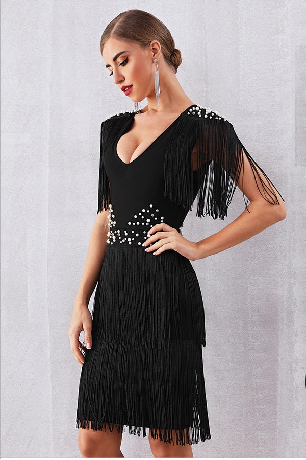 Hot Short Sleeve Fringe Tassel Pearl Midi Party Club Dress – Verkadi