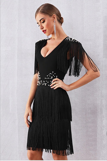 Hot Short Sleeve Fringe Tassel Pearl Midi Party Club Dress