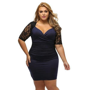 Sexy Ruched Lace Illusion Bodycon Party  PLUS SIZE Dress