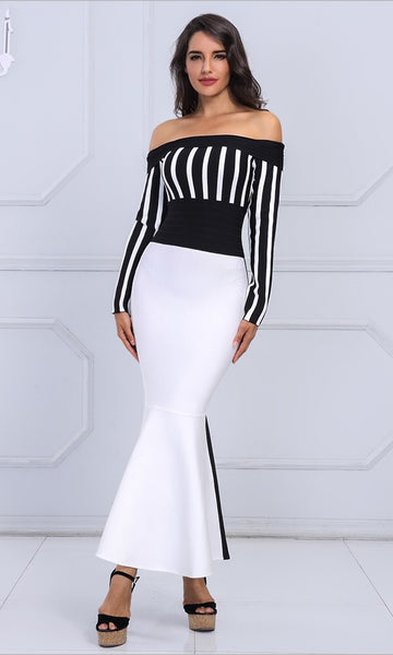 Sexy Long Sleeve Striped Slash Neck Evening Party Dress