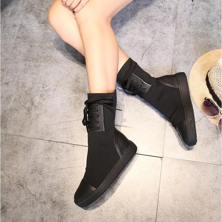 Streetwear Genuine Leather Knitted Wool Mid Calf Boots