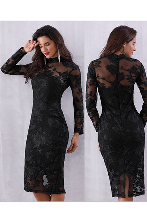 Chic Long Sleeve Hollow Out Runway Party Evening Midi Dress