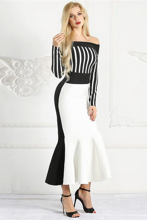 Striped Off Shoulder Mermaid Long Midi Dress