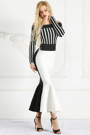 Striped Off Shoulder Mermaid Long Midi Dress