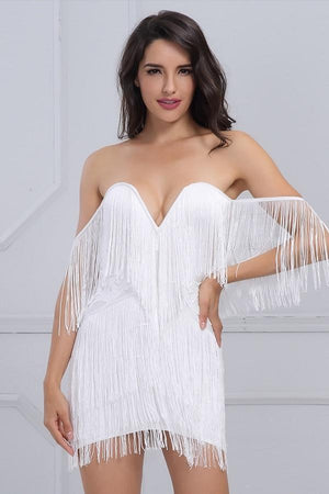 V Neck Off Shoulder Tassel Fringe Mini Dress