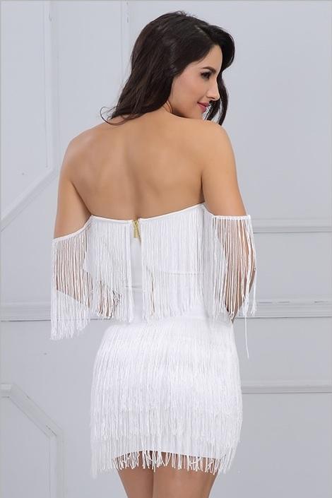 White V Neck Short Sleeve Tassel Mini Dress main image 1