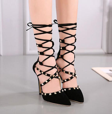 European Style Hollow Cross Lace Up Rivets Stiletto Shoes